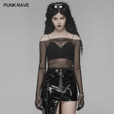 WT-578 PUNK Off The Shoulder Elastic Transparent Mesh Long Sleeve T-shirt For Women?-??Punk Rave Clothing