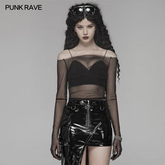 WT-578 PUNK Off The Shoulder Elastic Transparent Mesh Long Sleeve T-shirt For Women?-??Punk Rave Clothing
