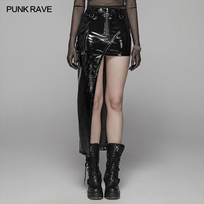 WQ-404 Punk Women Bright PU Asymmetric Skirt?-??Punk Rave Clothing