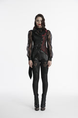 Y-330 Elegant Lace Gothic Vest with Red Embroidered Details Gothic Vest Lace-Sleeve Asymmetrical Buttoned Steampunk Waistcoat
