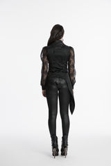 Y-330 Elegant Lace Gothic Vest with Red Embroidered Details Gothic Vest Lace-Sleeve Asymmetrical Buttoned Steampunk Waistcoat