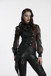 Y-330 Elegant Lace Gothic Vest with Red Embroidered Details Gothic Vest Lace-Sleeve Asymmetrical Buttoned Steampunk Waistcoat