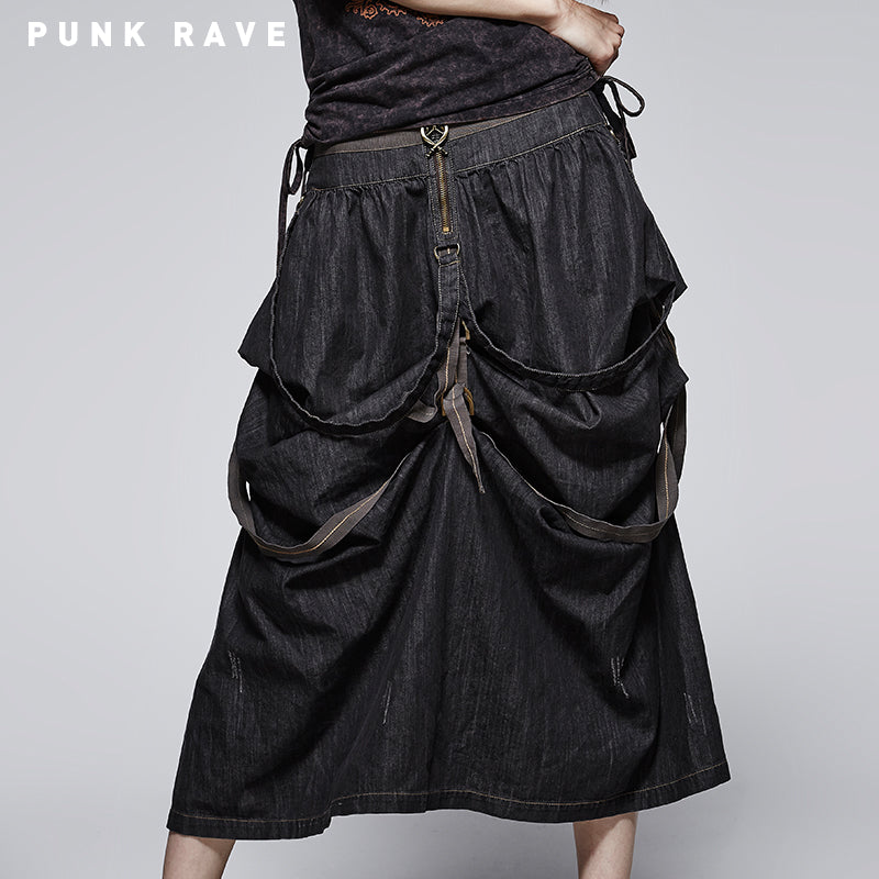 Q-245 Steampunk Calf Length Cascaded Punk Skirt?-??Punk Rave Clothing