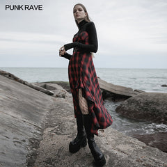 OPQ-859DQF Plaid irregular flounces slip dress?-??Punk Rave Clothing