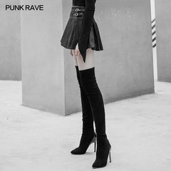 OPQ-439BQF High Waist Metal Buckle Decorative Pleated PU Half Skirt?-??Punk Rave Clothing