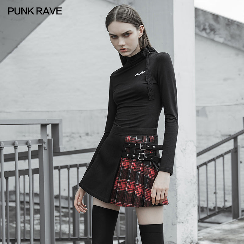 OPQ-471BQF Colored checked folded half skirt with button loop?-??Punk Rave Clothing
