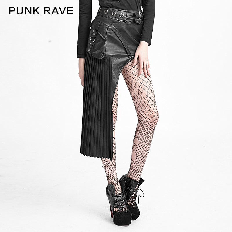 Q-274 Original Asymmetrical Sexy Pleated Leather Micro Mini Punk Skirt?-??Punk Rave Clothing