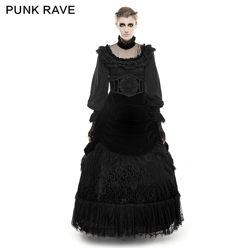 Q-281 black Velvet And Lace Palace Big Swing Long Gothic Skirt?-??Punk Rave Clothing