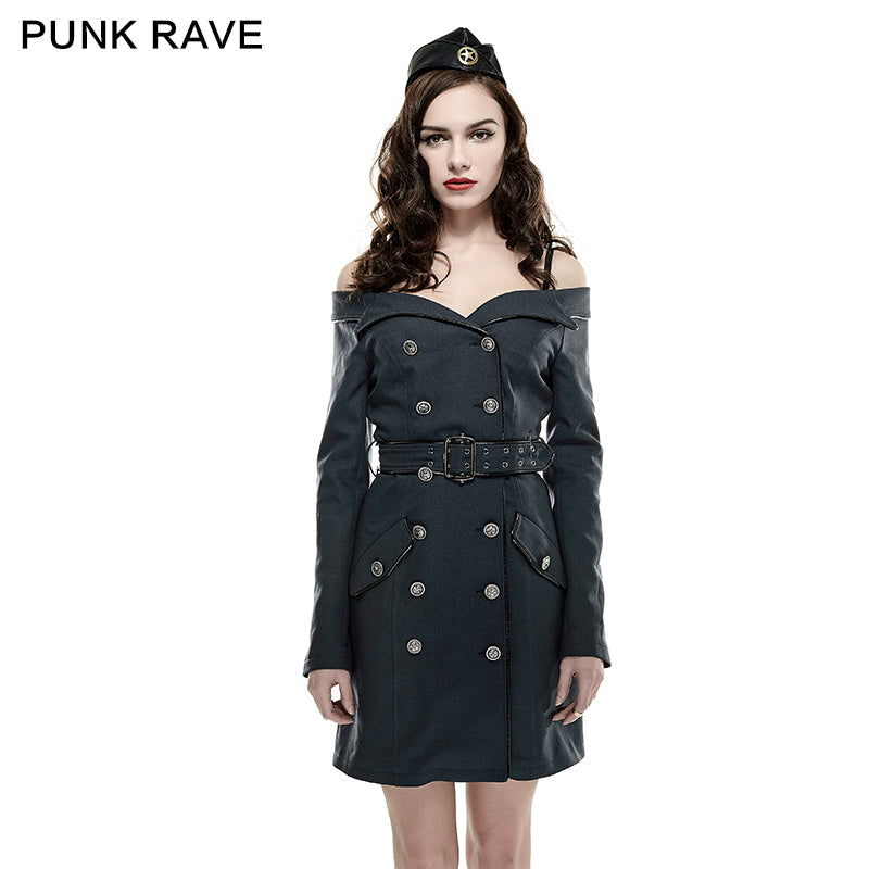 Q-282 Military Off Shoulder Double-breasted Tunic Coat Punk Dress?-??Punk Rave Clothing