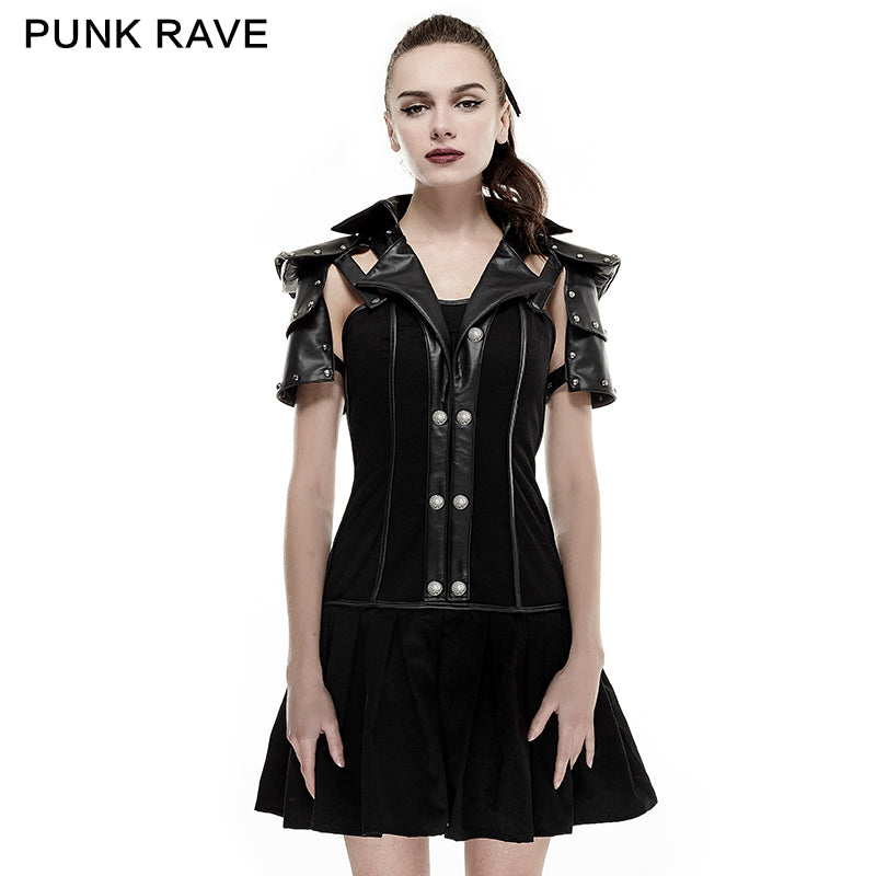 Q-288 High Collar Backless Short Sleeve Pleated Punk Dress?-??Punk Rave Clothing