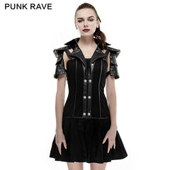 Q-288 High Collar Backless Short Sleeve Pleated Punk Dress?-??Punk Rave Clothing