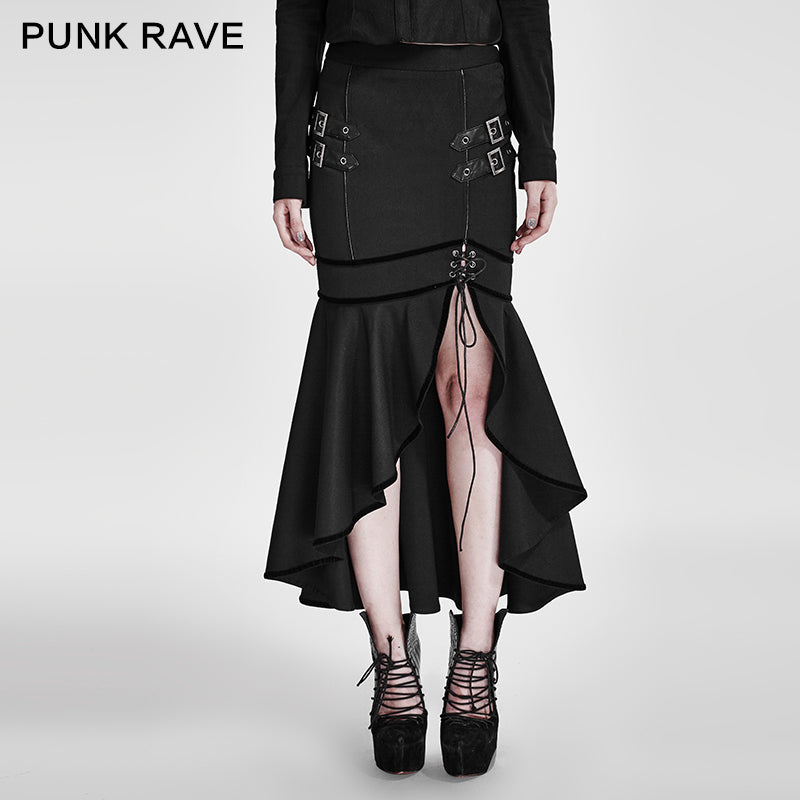 Q-293 black Military Slit Flishtail Slim Fitting Half Long Punk Skirt?-??Punk Rave Clothing