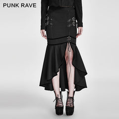 Q-293 black Military Slit Flishtail Slim Fitting Half Long Punk Skirt?-??Punk Rave Clothing