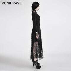 Q-294 Sexy Asymmetrical Mesh High Neck Punk Dress Stitching With Fake Suede Fabric?-??Punk Rave Clothing