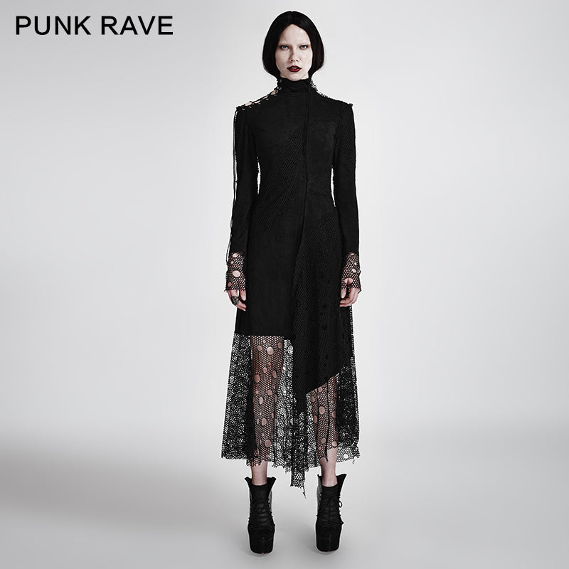 Q-294 Sexy Asymmetrical Mesh High Neck Punk Dress Stitching With Fake Suede Fabric?-??Punk Rave Clothing