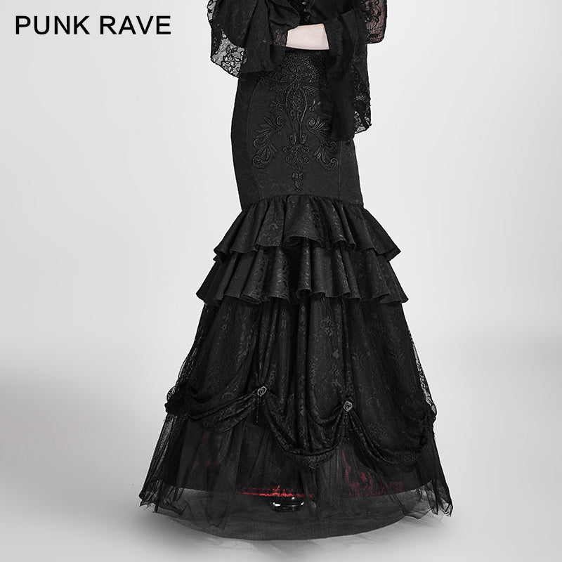 Q-297 Palace Unique black Tight Flowers Embroidery Fishtail Gothic Skirt?-??Punk Rave Clothing