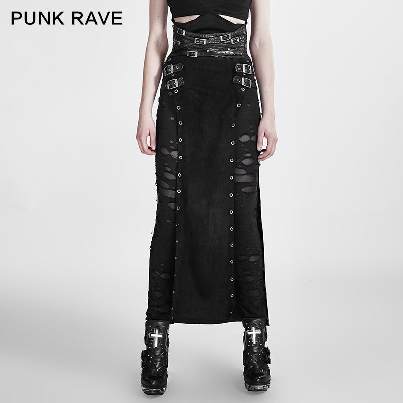 Q-298 black Wool Leather Spanking Split Punk Skirt?-??Punk Rave Clothing
