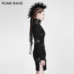 Q-300 black High Collar Long Sleeves Skinny Military Punk Dress?-??Punk Rave Clothing