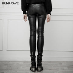 OPK-251 Heavy Industry Asymmetric Metal Design Skinny PU Pants?-??Punk Rave Clothing