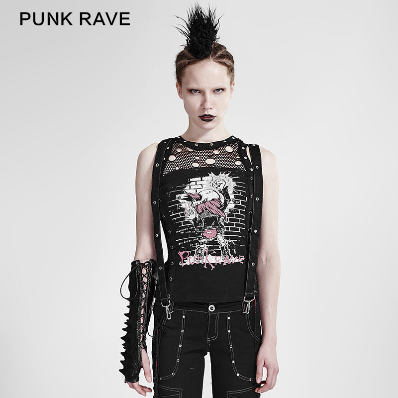T-212 Personality Sleeveless Puffer Printed Mesh Punk Shirts For Women?-??Punk Rave Clothing