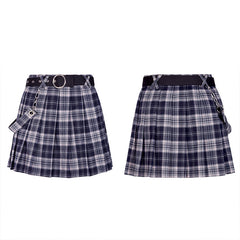 OPQ-710BQF Belt pleated plaid half skirt?-??Punk Rave Clothing
