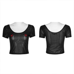 WT-649TCF Daily peach heart paste cloth mesh t-shirt?-??Punk Rave Clothing