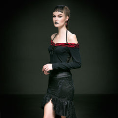 T-360 black Splicing Gorgeous Off-shoulder Lace Gothic Shirt With Rose Flocking?-??Punk Rave Clothing