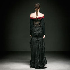 T-360 black Splicing Gorgeous Off-shoulder Lace Gothic Shirt With Rose Flocking?-??Punk Rave Clothing