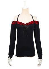 T-360 black Splicing Gorgeous Off-shoulder Lace Gothic Shirt With Rose Flocking?-??Punk Rave Clothing