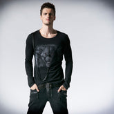 T-365 Rock Fashion Wolf Pattern Front black Long Sleeve Punk Shirts?-??Punk Rave Clothing