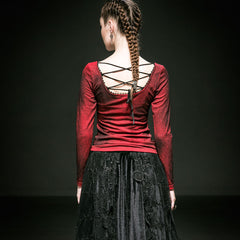 T-371 Red Big Collar Long Sleeve With Lace Gothic Shirt?-??Punk Rave Clothing