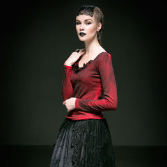 T-371 Red Big Collar Long Sleeve With Lace Gothic Shirt?-??Punk Rave Clothing