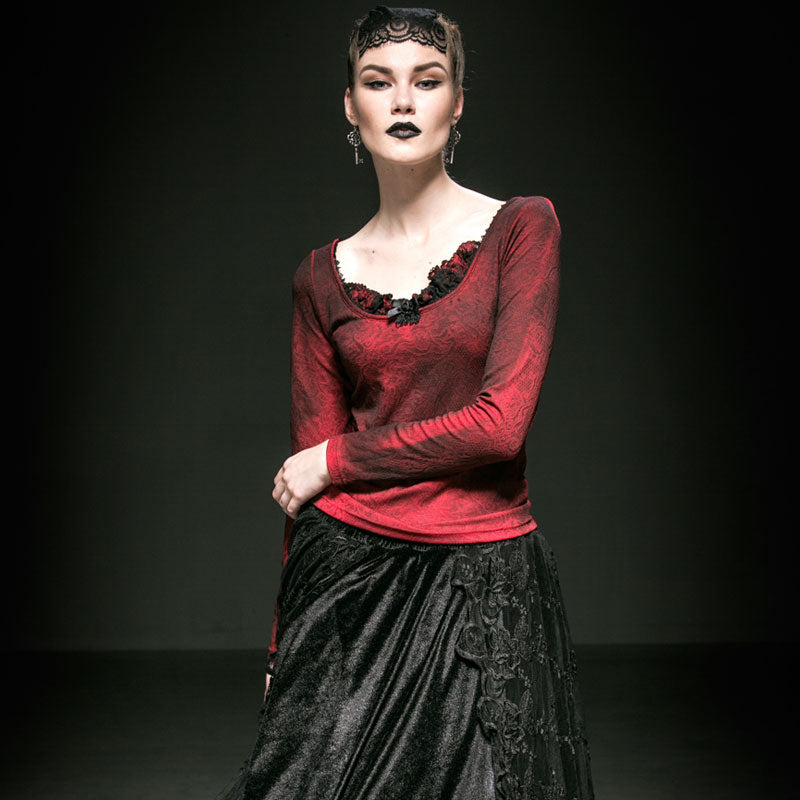 T-371 Red Big Collar Long Sleeve With Lace Gothic Shirt?-??Punk Rave Clothing