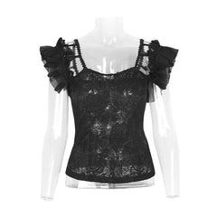 T-390 black Falbala Sexy blackless Chiffon Lace Gothic Shirt?-??Punk Rave Clothing