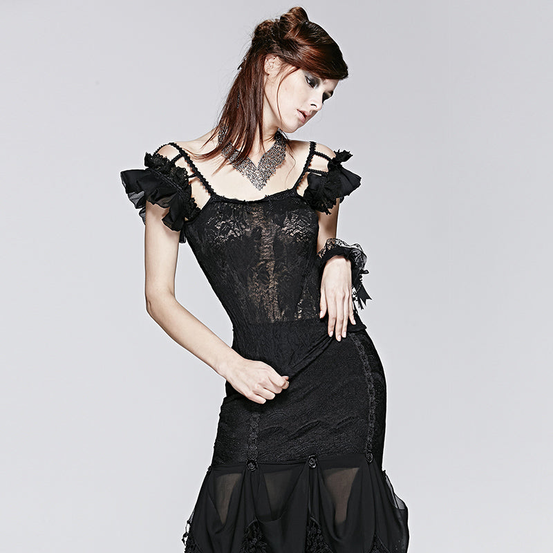 T-390 black Falbala Sexy blackless Chiffon Lace Gothic Shirt?-??Punk Rave Clothing