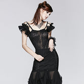 T-390 black Falbala Sexy blackless Chiffon Lace Gothic Shirt?-??Punk Rave Clothing