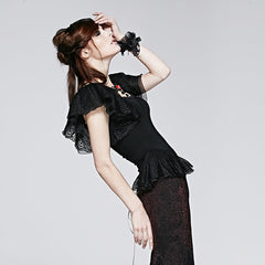 T-391 black Sexy Puff Lace Short Sleeve Gothic T-shirts?-??Punk Rave Clothing