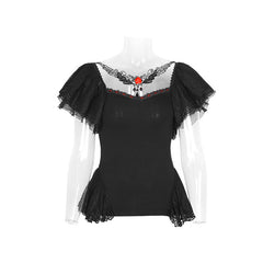 T-391 black Sexy Puff Lace Short Sleeve Gothic T-shirts?-??Punk Rave Clothing
