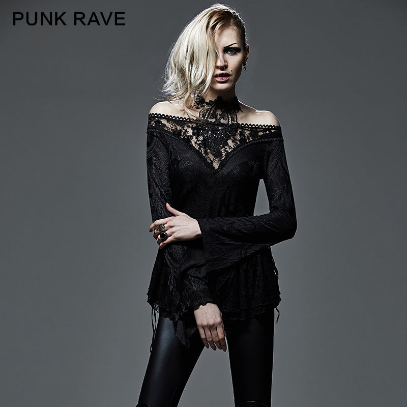 T-401 Hollow Out Strapless Deep Hemp Gothic T-shirts With V-neck?-??Punk Rave Clothing