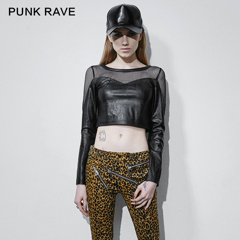 T-410 Fashion Old Skull Long Sleeve Mesh Fabric Leather Punk Shirts?-??Punk Rave Clothing