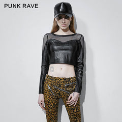 T-410 Fashion Old Skull Long Sleeve Mesh Fabric Leather Punk Shirts?-??Punk Rave Clothing
