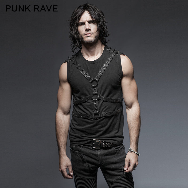 T-422 black Sleeveless Stripe Tank Tops Punk Vest For Men?-??Punk Rave Clothing