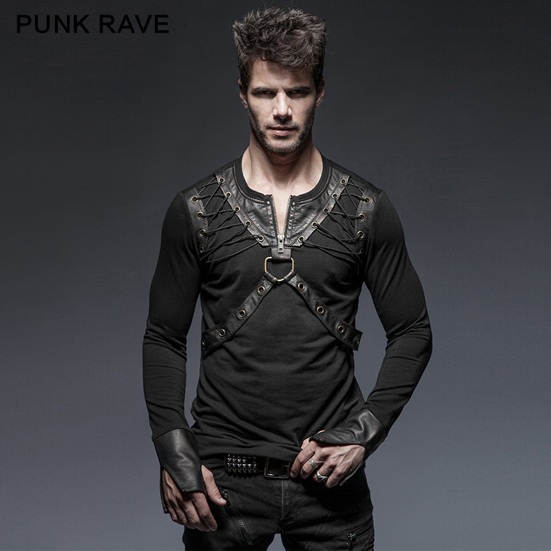 T-423 Lacing Shoulder Leather Belts Long Sleeve Punk Shirts?-??Punk Rave Clothing