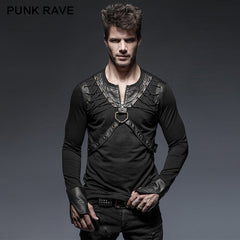 T-423 Lacing Shoulder Leather Belts Long Sleeve Punk Shirts?-??Punk Rave Clothing