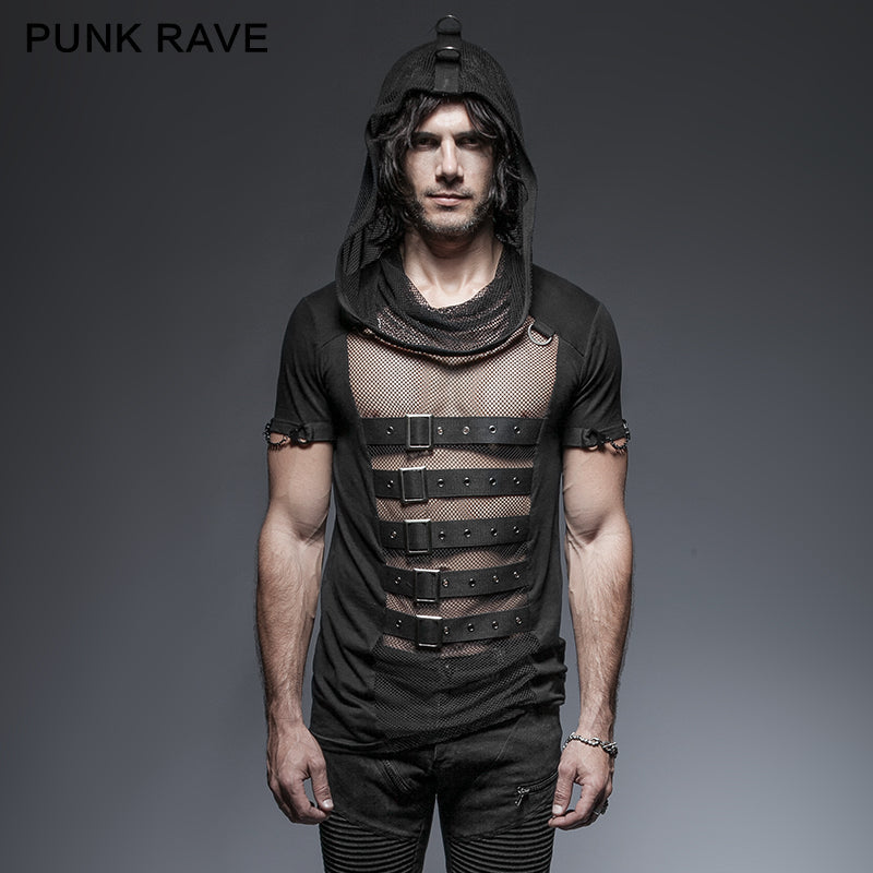 T-425 Hooded Rock Transparent Mesh Punk Shirts?-??Punk Rave Clothing