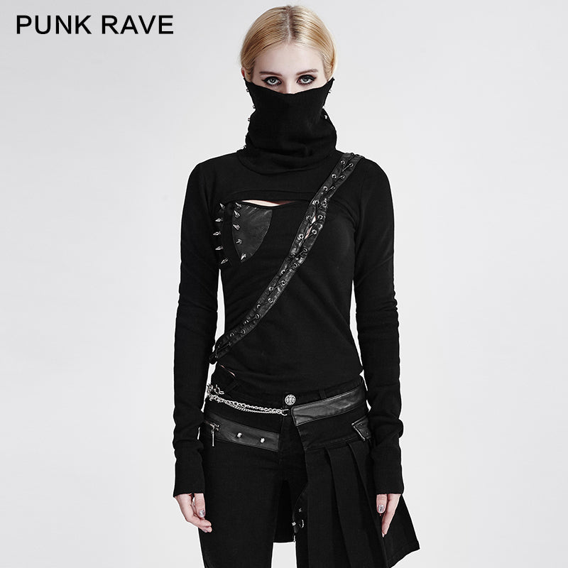 T-436 Steampunk black High Neck Asymmetrical Knit Punk Shirts?-??Punk Rave Clothing