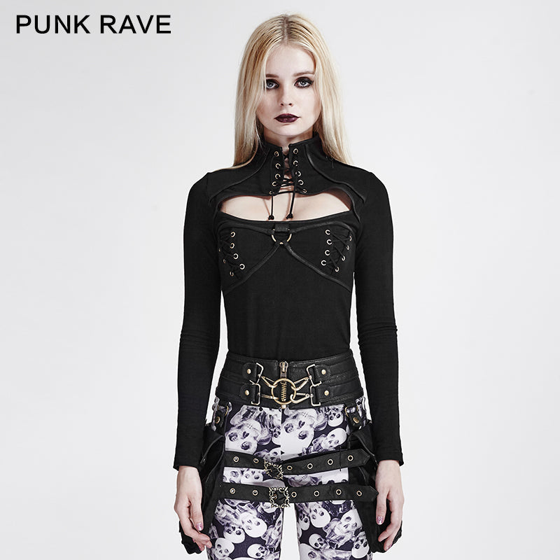 T-437 Steampunk black Casual Close-fitting Hollow Striped Punk Shirts?-??Punk Rave Clothing