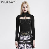 T-437 Steampunk black Casual Close-fitting Hollow Striped Punk Shirts?-??Punk Rave Clothing