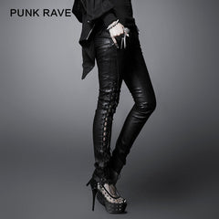 K-171 black Long Middle-waist Soft Leather Punk Pants?-??Punk Rave Clothing