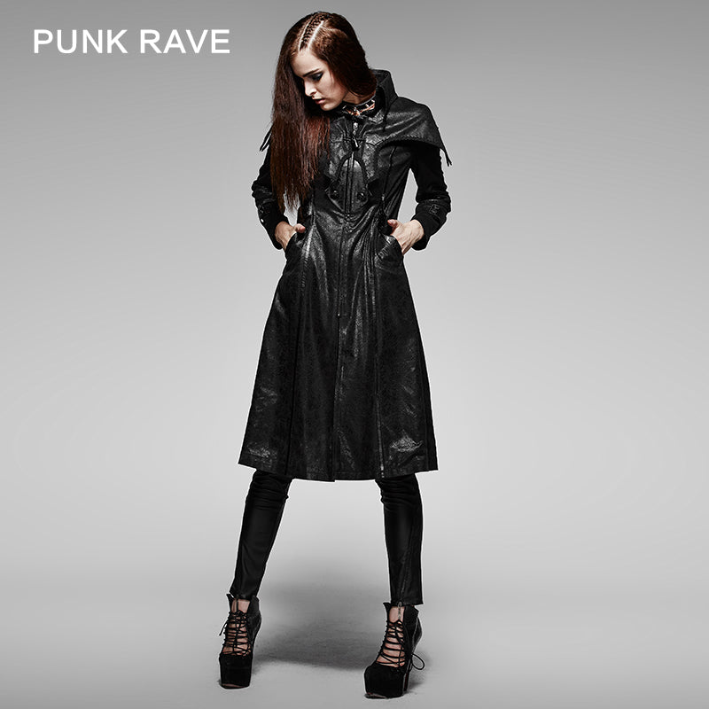 Y-373 black Soft Leather Long Sleeve Gothic Trench Coats For Women?-??Punk Rave Clothing